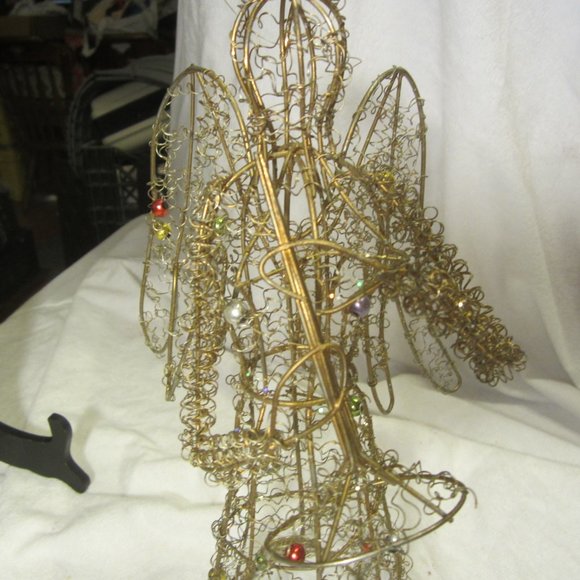 VTG PAIR OF WIRE SCULPTURE HOLIDAY DECOR, GOLD W/BEADS, ANGEL & REINDEER - Picture 5 of 5